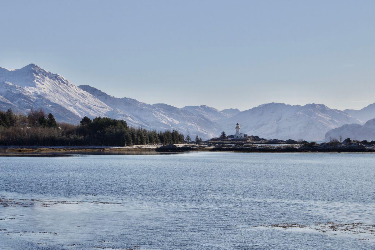 Sound of Sleat with snowy mountain peaks in the background