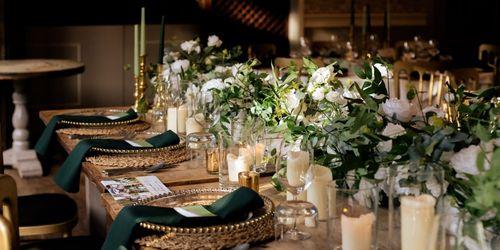 Green and white themed wedding breakfast set up
