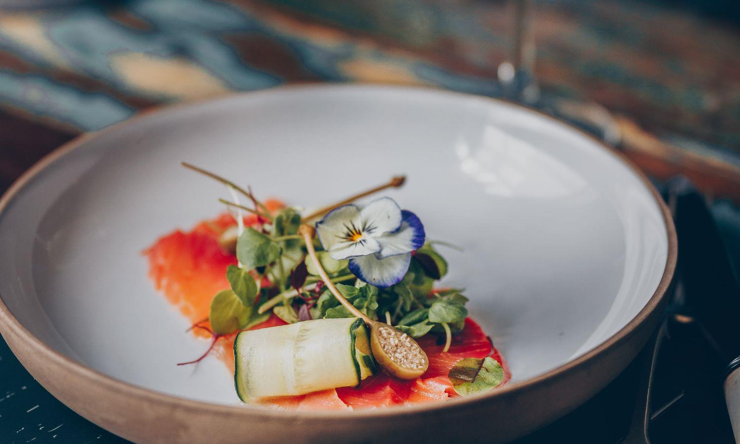 Fine-dining starter in the Origin restaurant at Lewtrenchard Manor