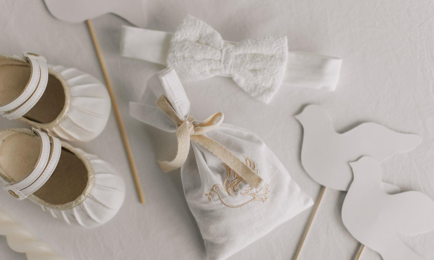 Baby shoes and christening decorations