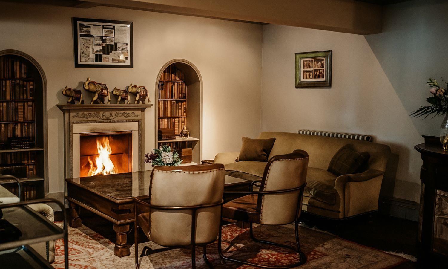 The fire roaring in the lounge of the Elephant Hotel