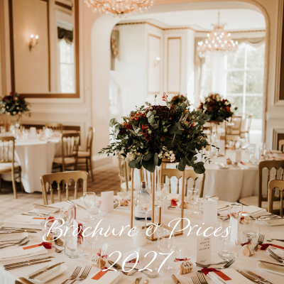 2027 borchure with room decorated for a wedding
