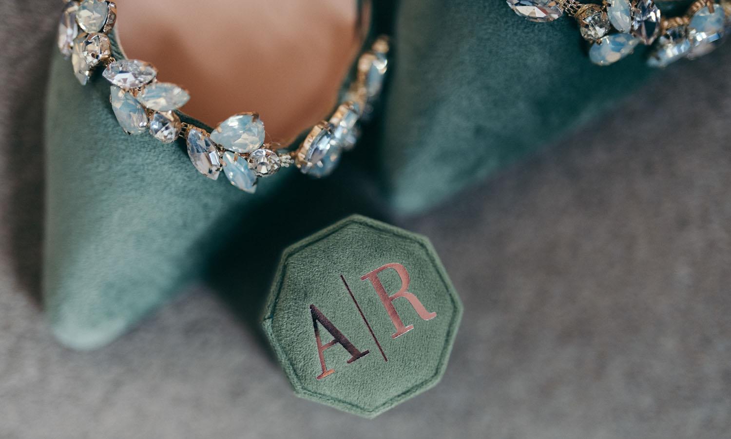 Blue wedding shoes with jewels and monogram