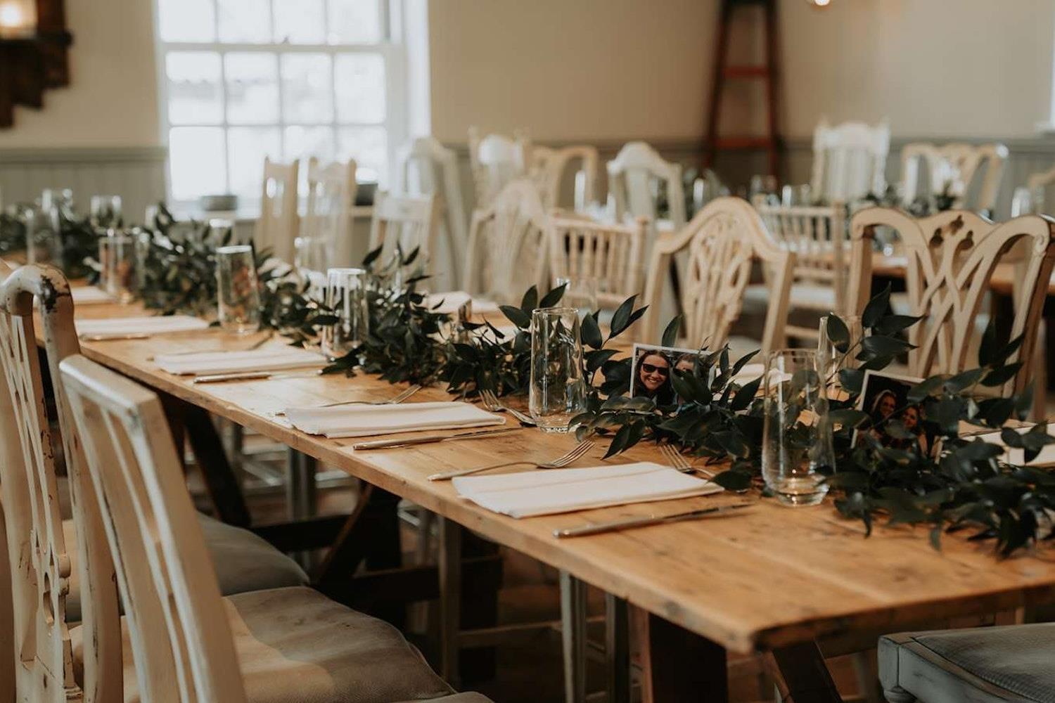 Long tables set up for Wedding Breakfast at Widbrook Grange (c) Amber Louise