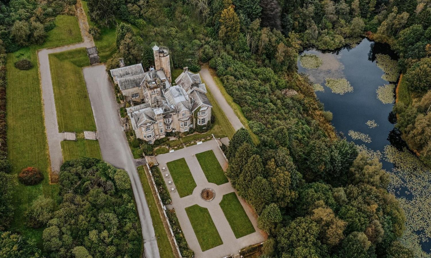 Ariel view of Melville Castle in spring