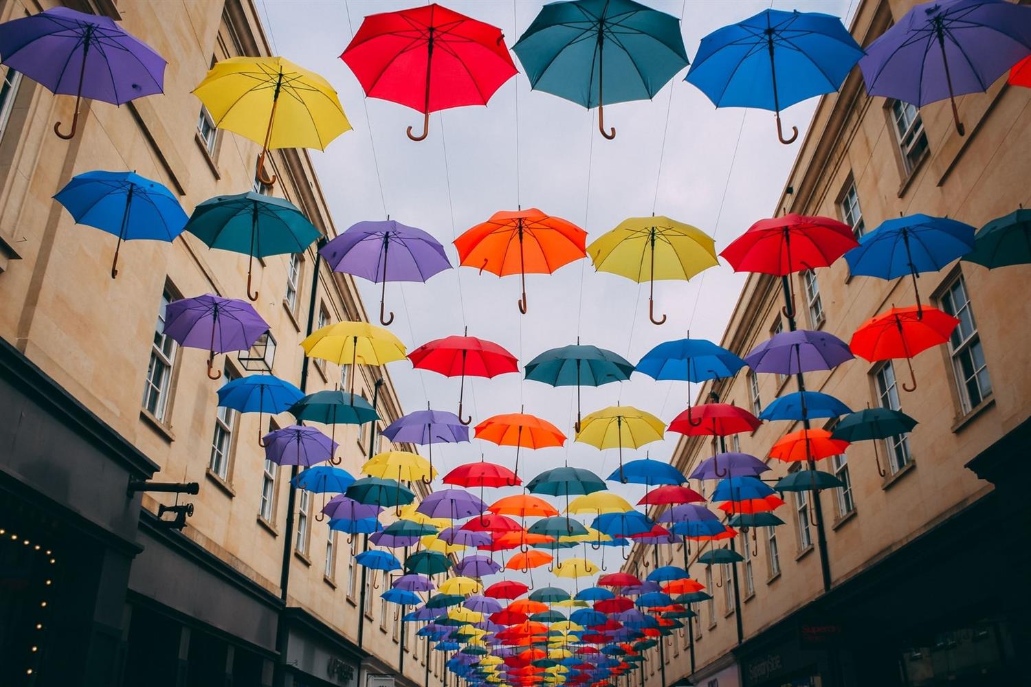 Umbrella decorations across Bath high street