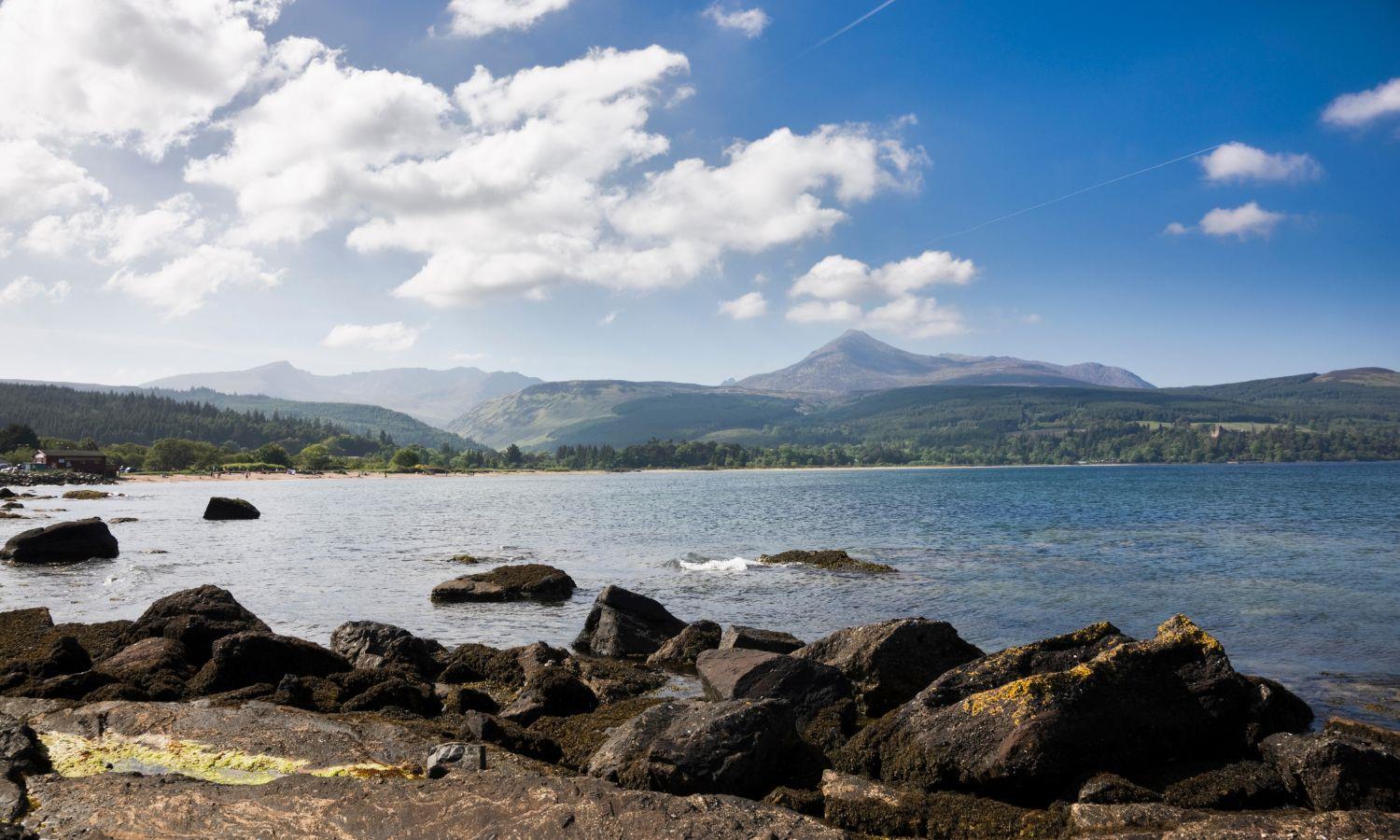View across Brodick Bay on the Isle of Arran towards Goat Fell on a clear summer day