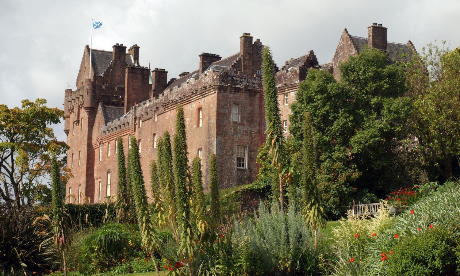 Exterior of Brodick Castle and gardens on cloudy day