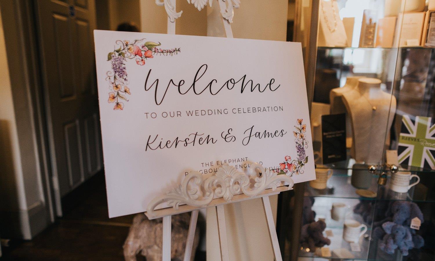 Wedding welcome sign on plinth