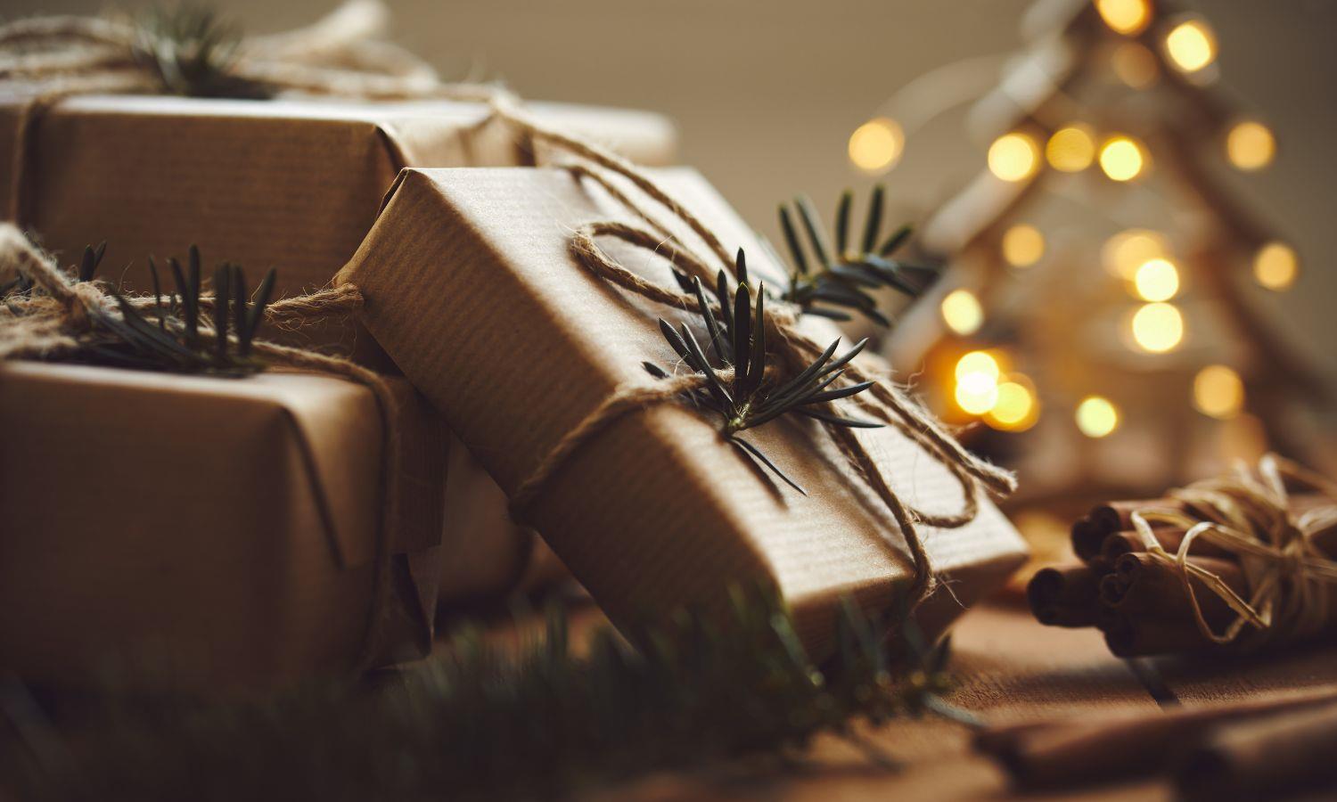 Gifts wrapped in brown paper and natural string