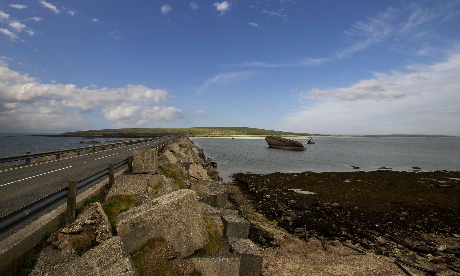 Churchill Barriers linking Orkney's East Mainland with the southern islands