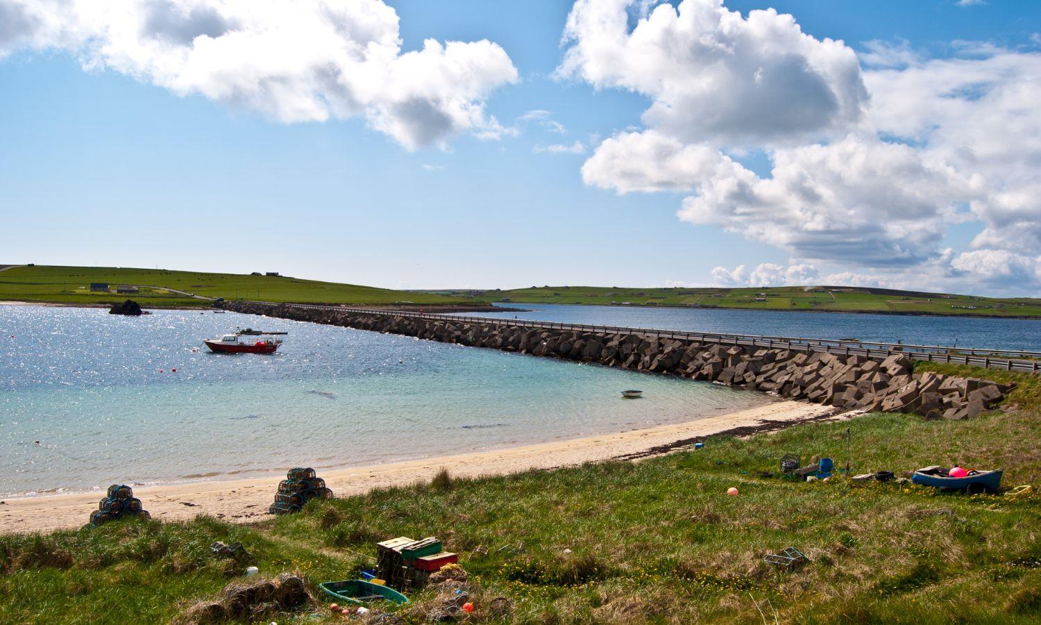 Churchill Barriers in Orkney on a bright day
