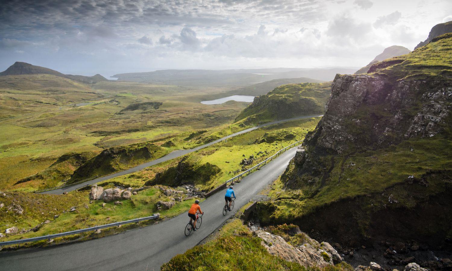 Quiraing on Isle of Skye, with two cyclists
