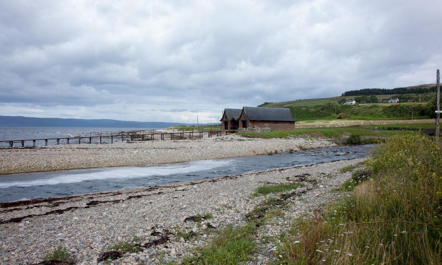 Dougarie Beach on Isle of Arran with boathouse