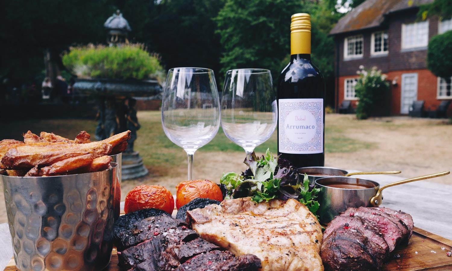 Steak sharing board with wine