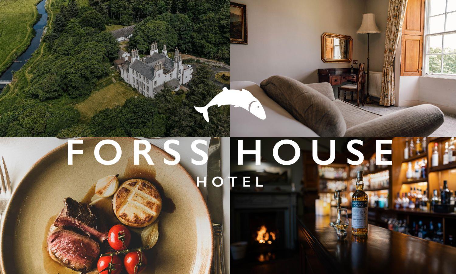 Collage of photos - Forss House Hotel, hotel bedroom, steak dinner, whisky on bar