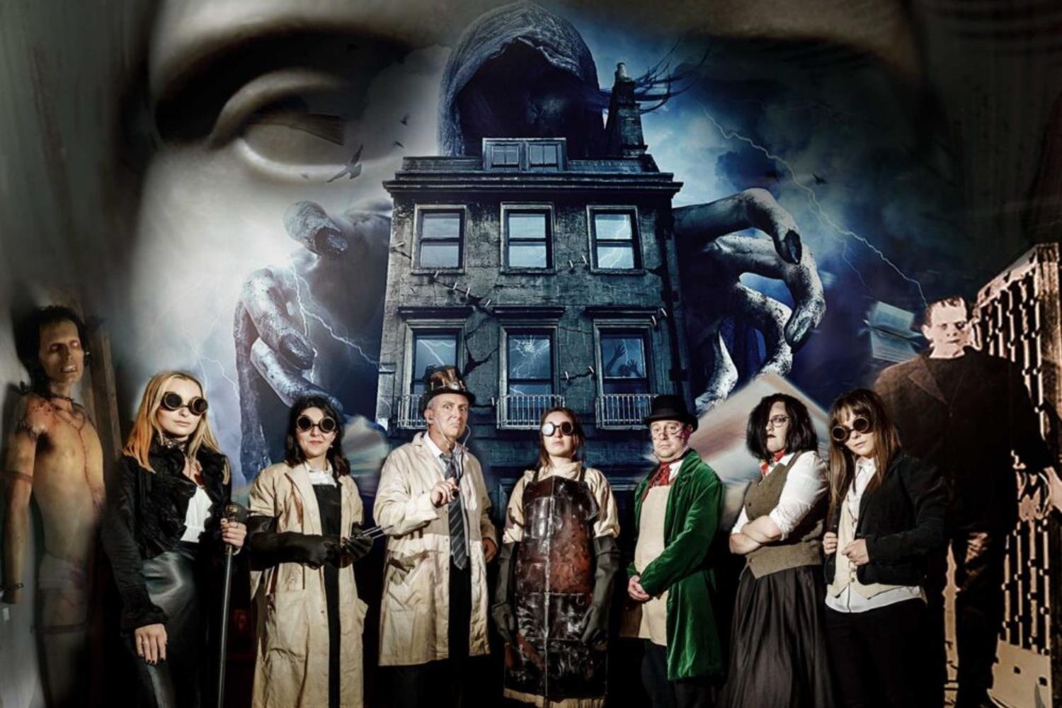 Characters standing outside Mary ShelleyÔÇÖs House of Frankenstein