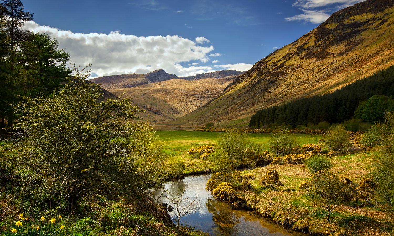 Glen Rosa valley with stream through it on bright, sunny day on the Isle of Arran