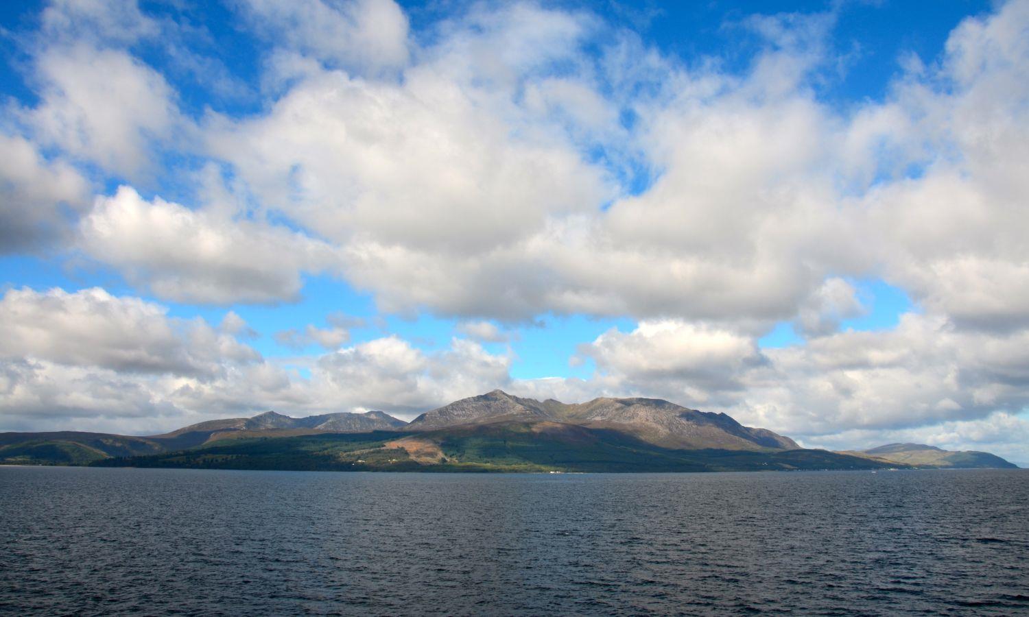 Isle of Arran from the sea on a summery day