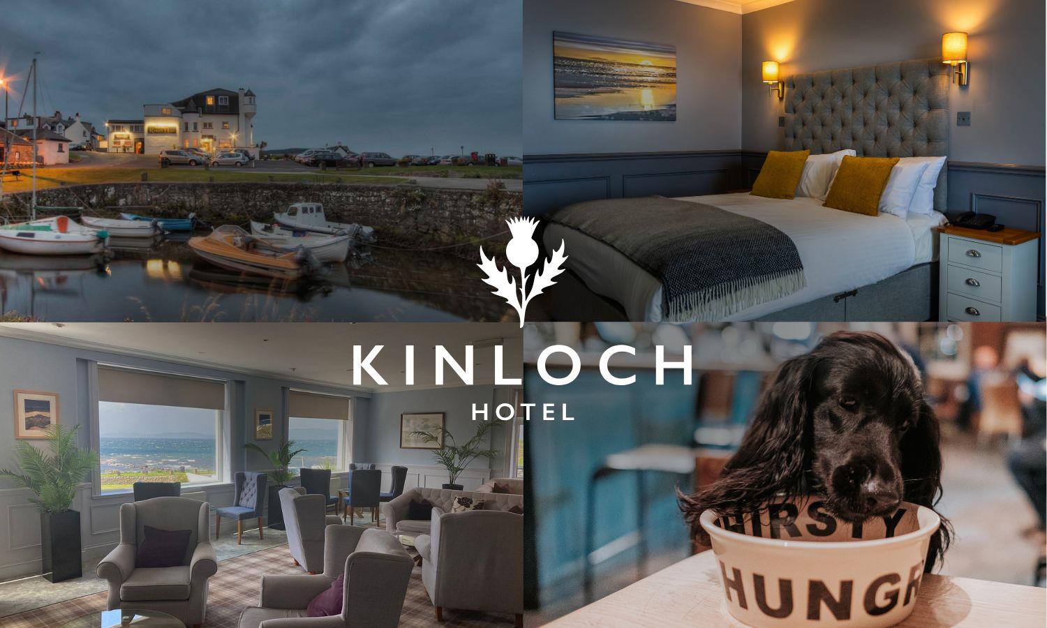 Collage of 4 images showing Kinloch Hotel exterior, bedroom, lounge with seaview, and dog