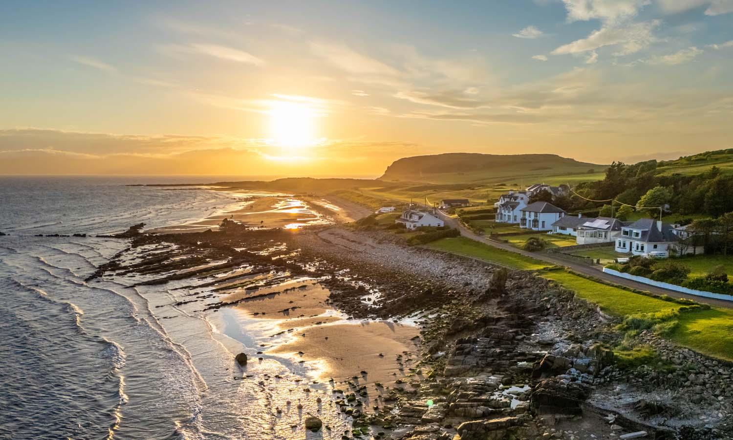 Drone shot of Blackwaterfoot bay and Kinloch Hotel Isle of Arran