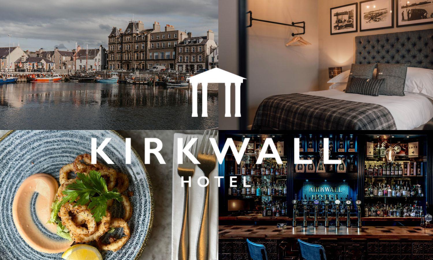 Collage of photos - Kirkwall Hotel, hotel bedroom, kalamari dinner, whisky bar