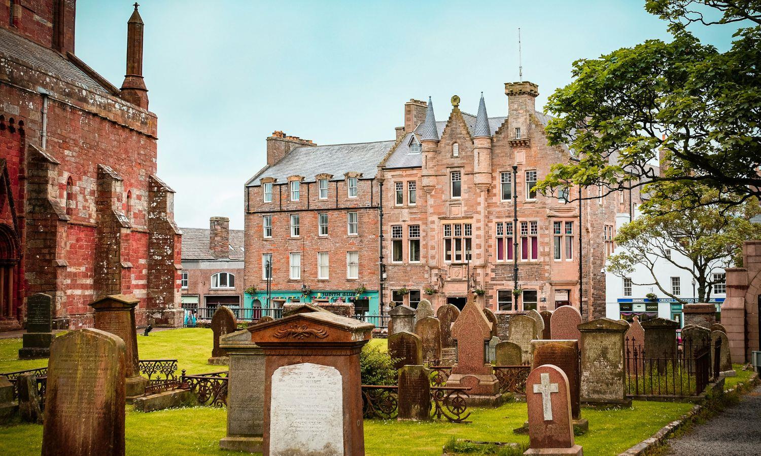 Buildings, cathedral, and graveyard in Kirkwall Orkney