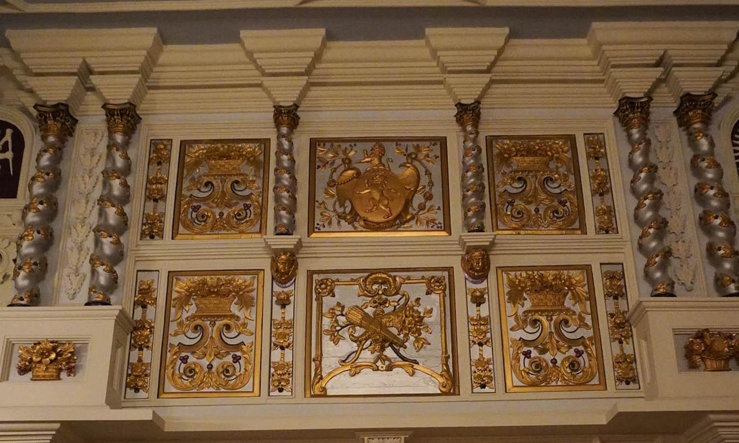 Ornate wall in ballroom at Lewtrenchard Manor
