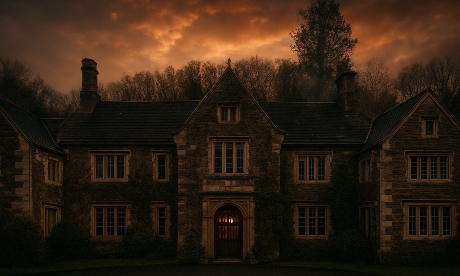 Lewtrenchard Manor at dusk, looking spooky.