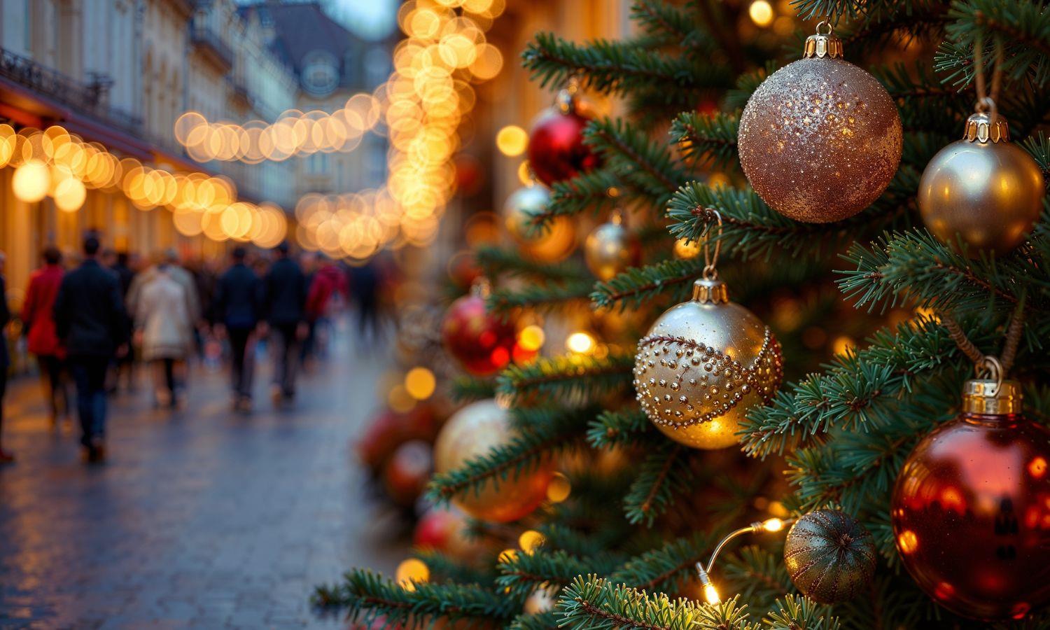 Christmas tree on festive street filled with christmas lights