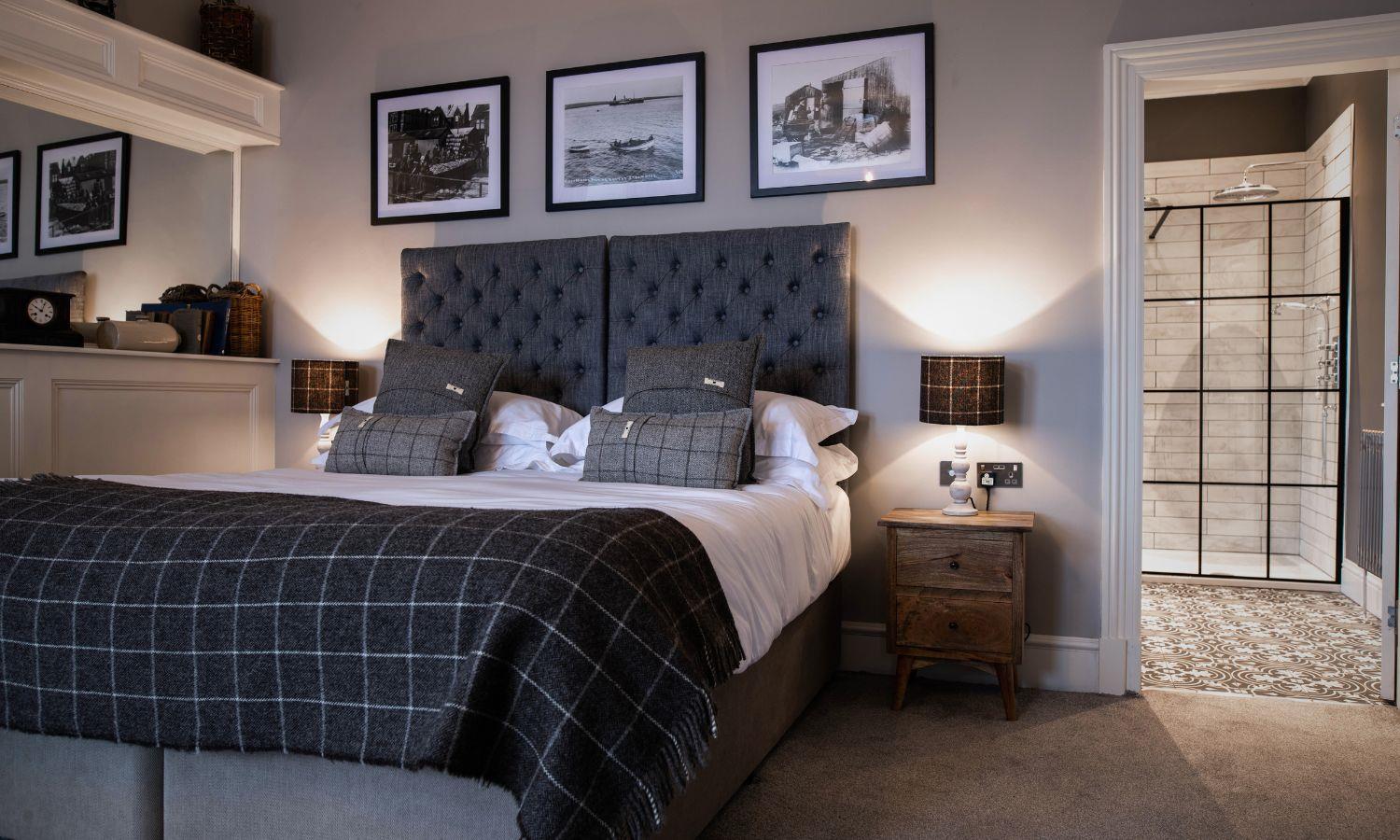 Luxury boutique bedroom at the Kirkwall Hotel with view of the harbour