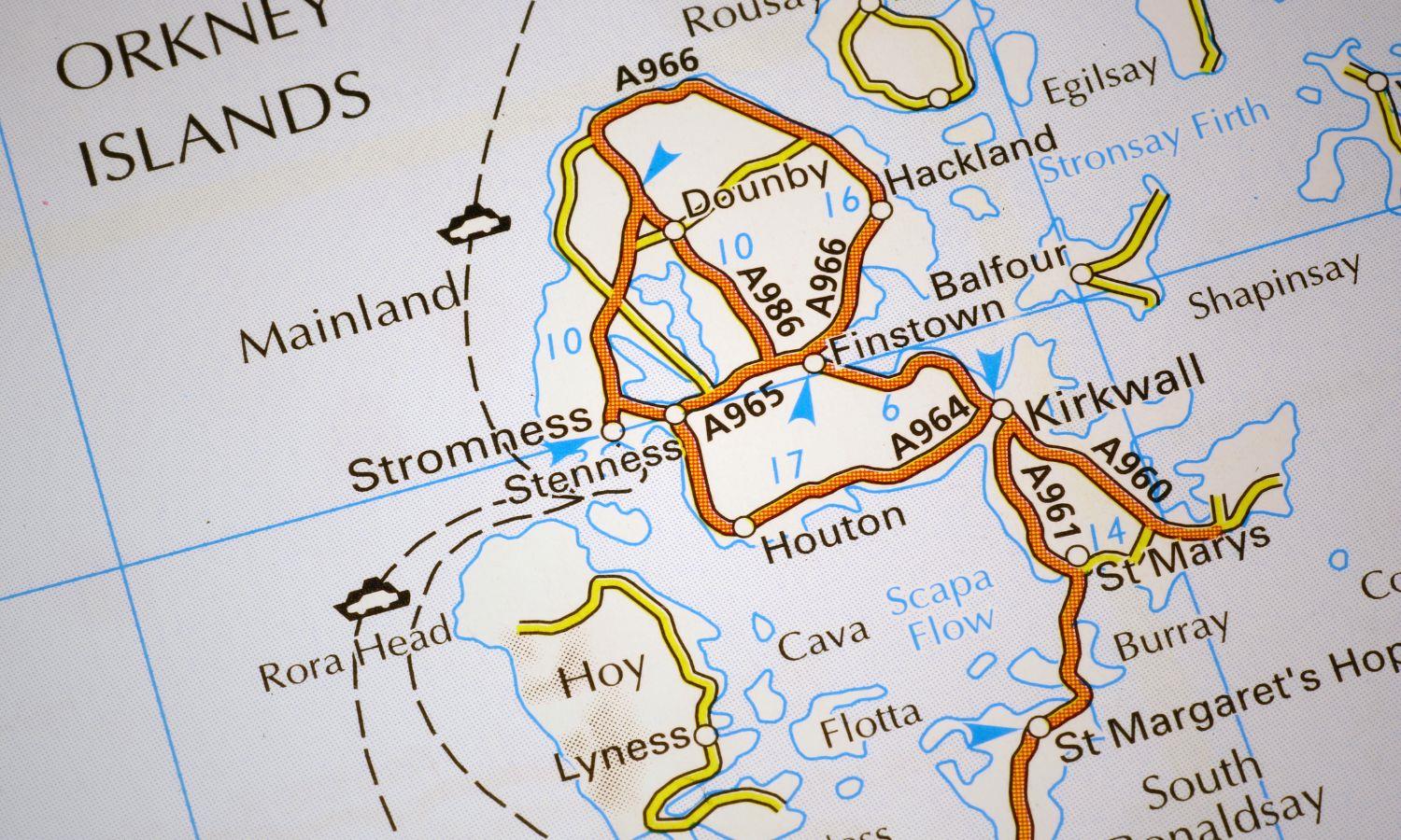 Close-up of a map of the Orkney Islands