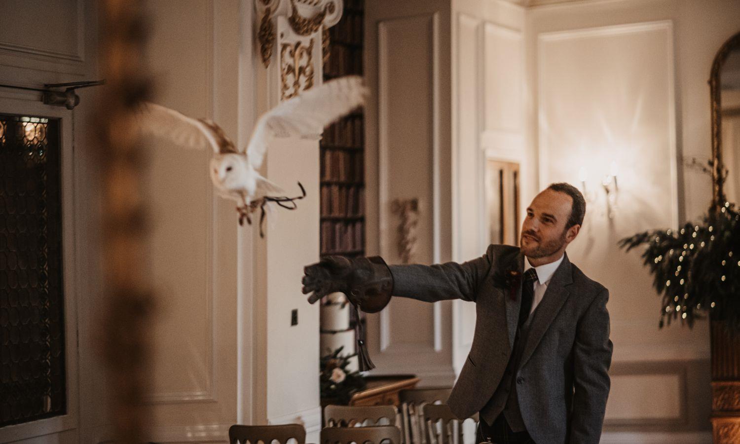 Barn owl in flight during a Scottish castle wedding ceremony