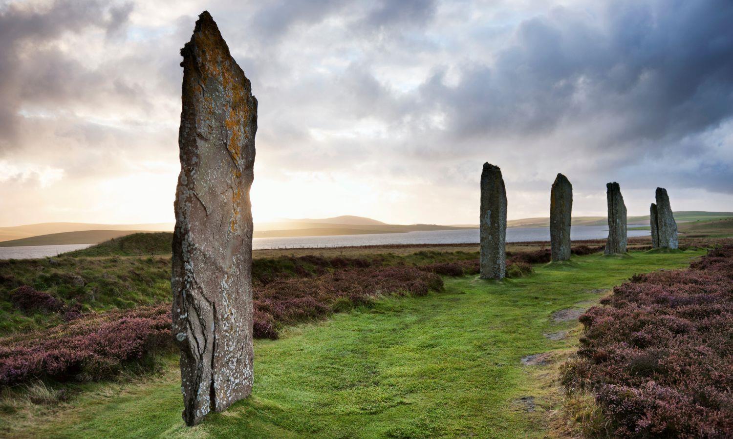 Ring of Brodgar Neolithic site in Orkney at sunset