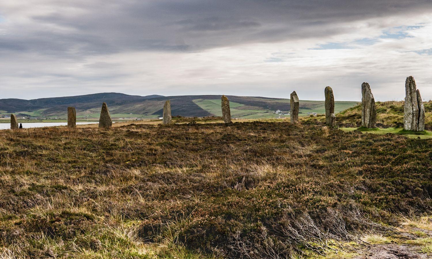 Ring of Brodgar standing stones on stormy autumnal day in Orkney