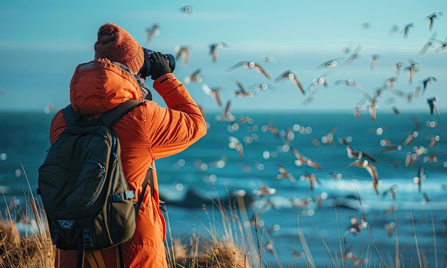 Person watching winter migrating sea birds with binoculars