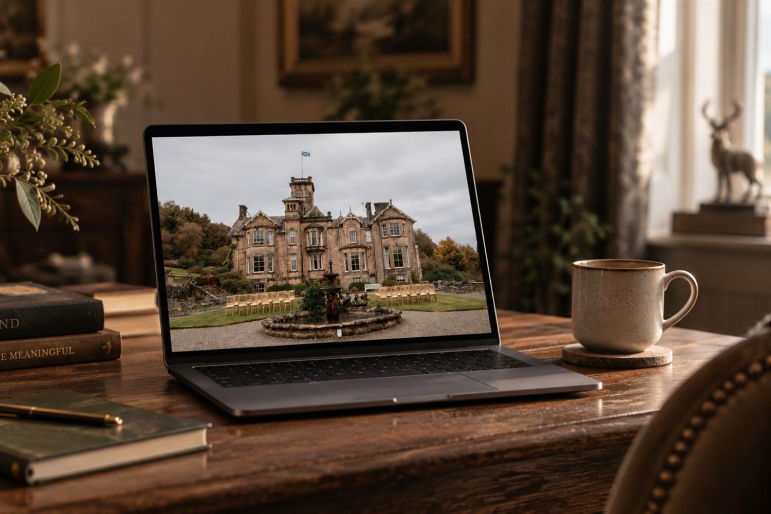 Cosy living room with laptop open on desk showing Auchen Castle