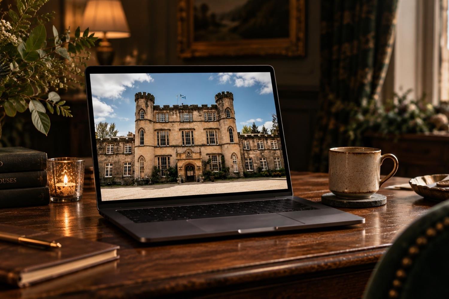 Cosy living room with laptop open on desk showing Auchen Castle