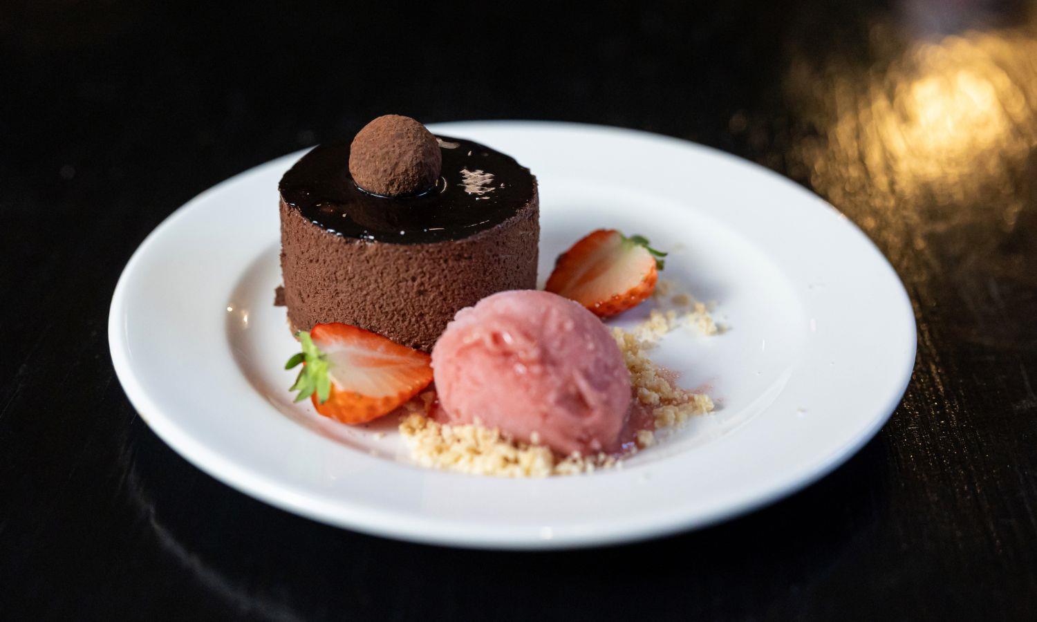 Chocolate truffle mousse with strawberry ice-cream