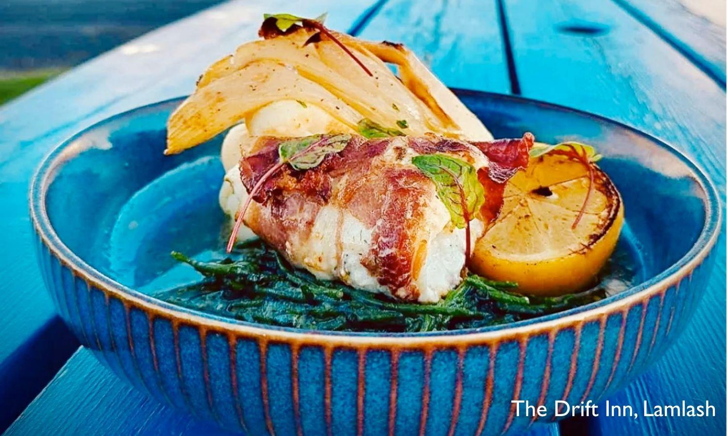 Seasonal seafood dish at The Drift Inn overlooking Lamlash Bay on the Isle of Arran