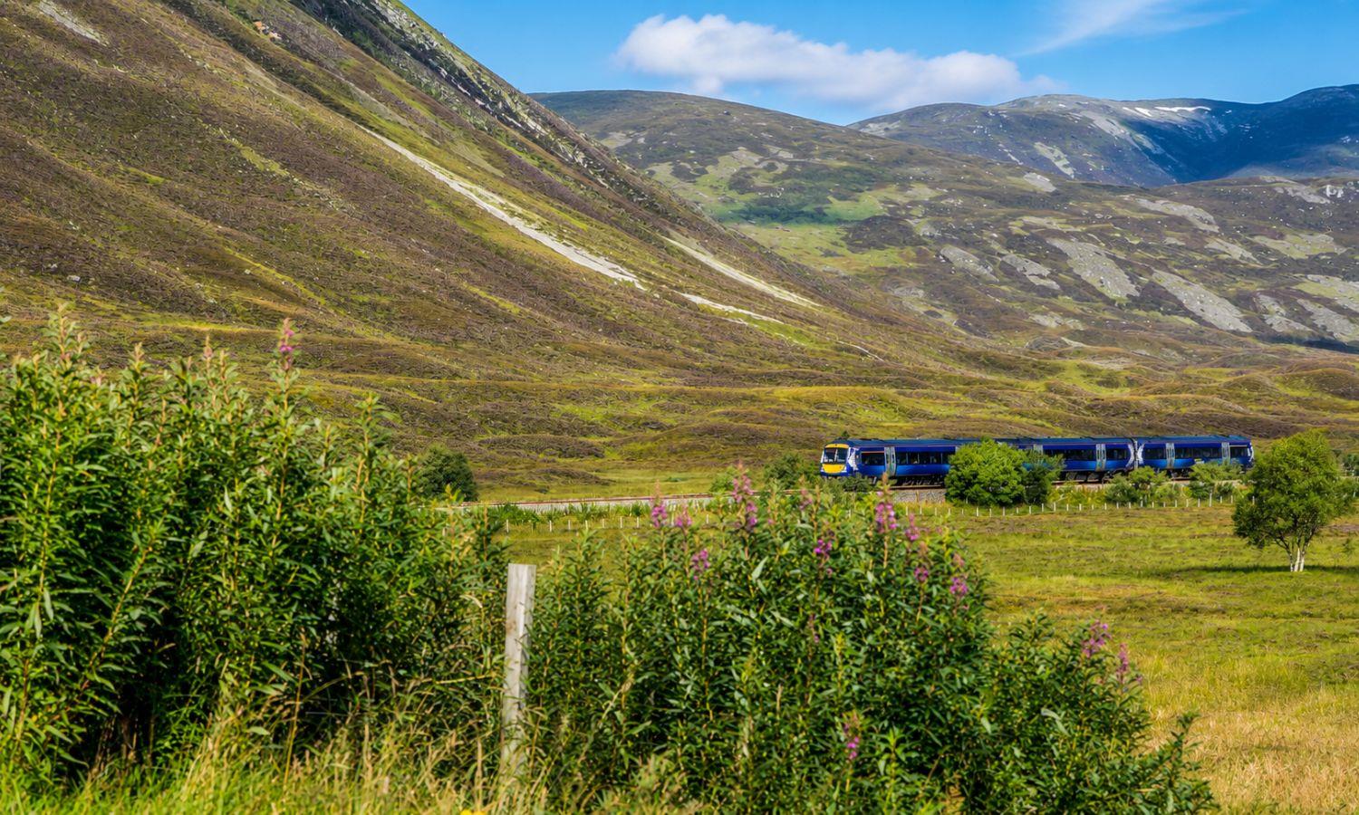 ScotRail train travelling through the Scottish Highlands on the scenic Kyle Line to Kyle of Lochalsh