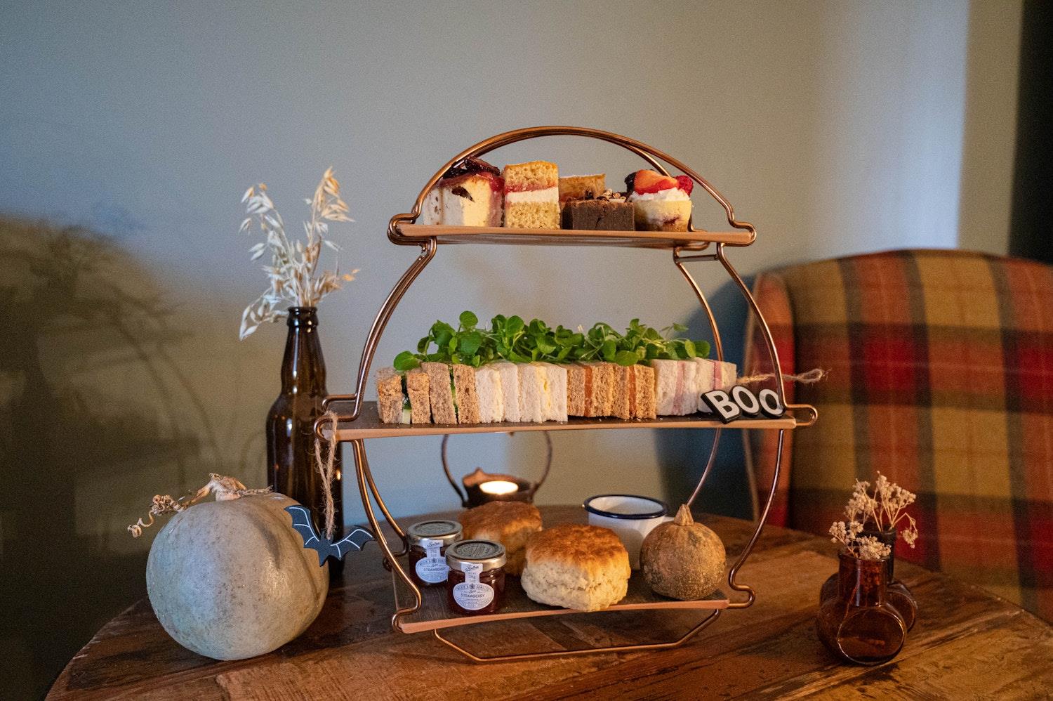 An afternoon tea with halloween props