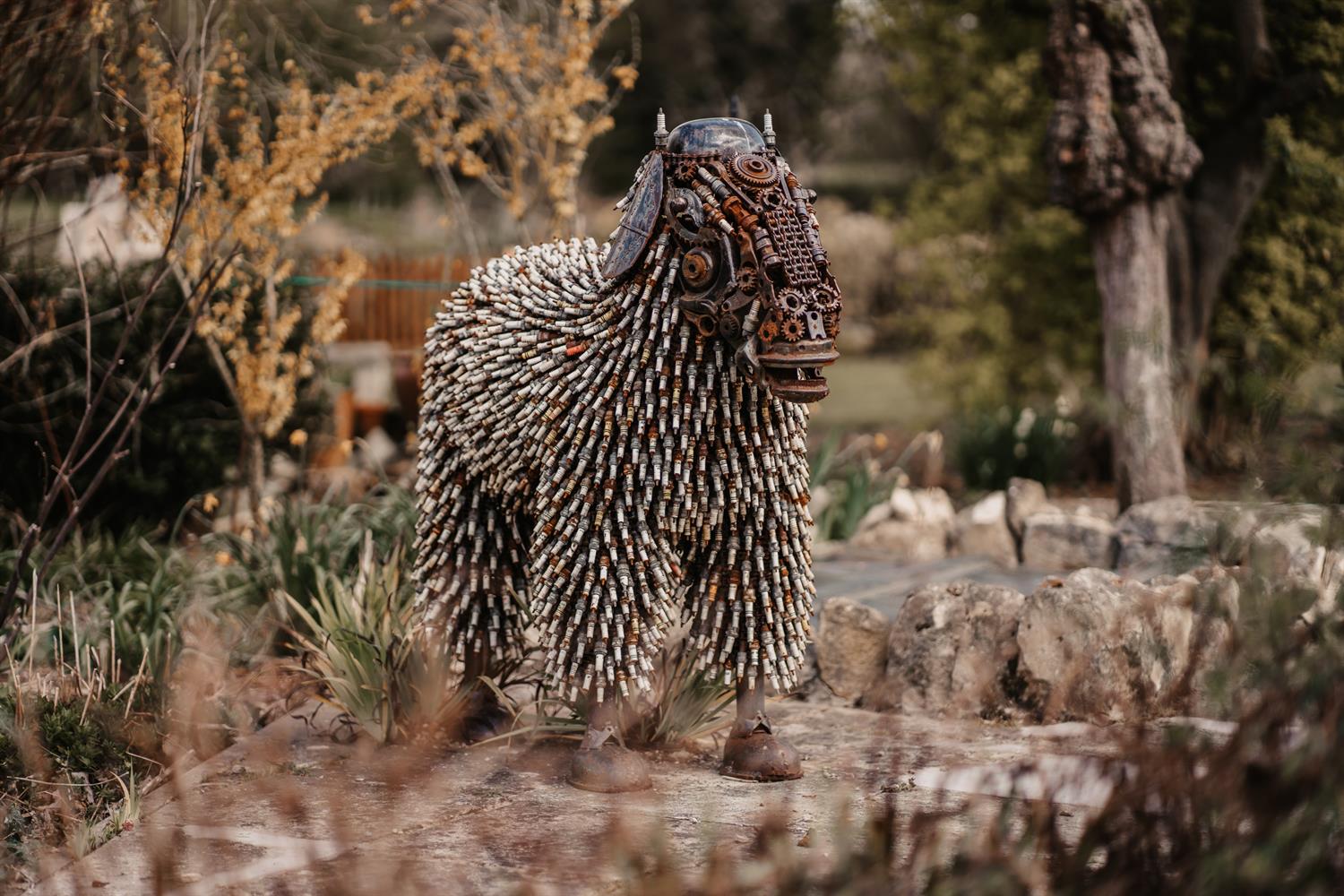 Horse statue in garden at Widbrook Grange hotel near Bath