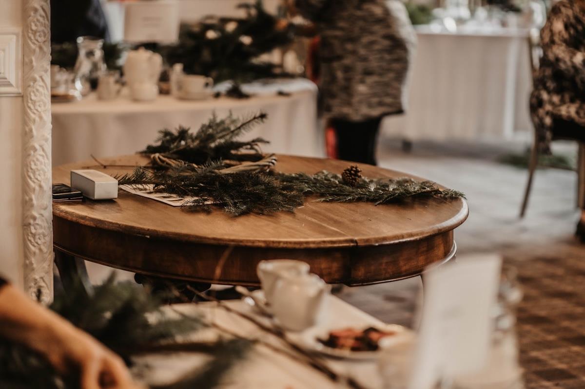 Wreath-making in progress in the ballroom at Auchen Castle