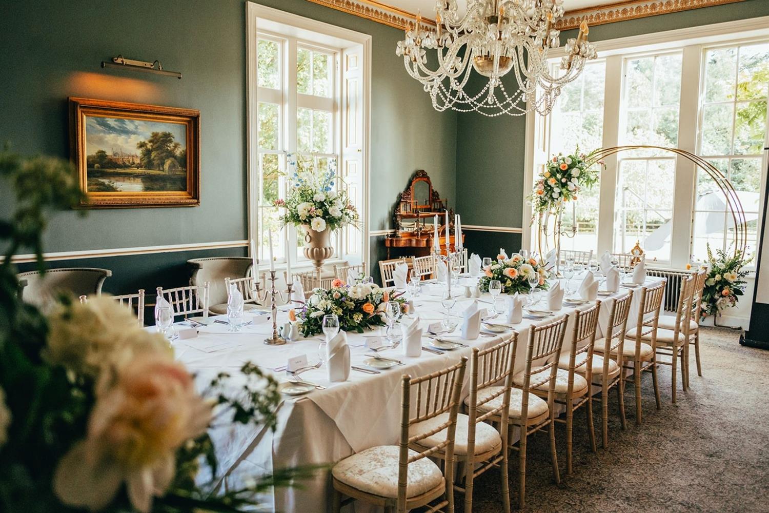 Castle wedding venue decorated for small wedding