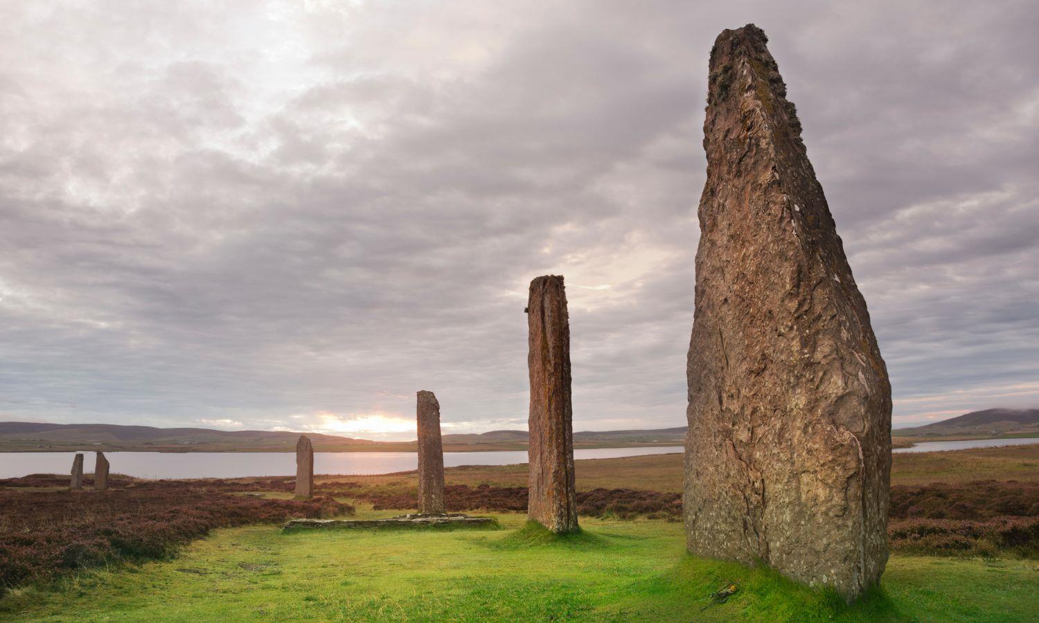 Standing stones on Orkney at sunrise
