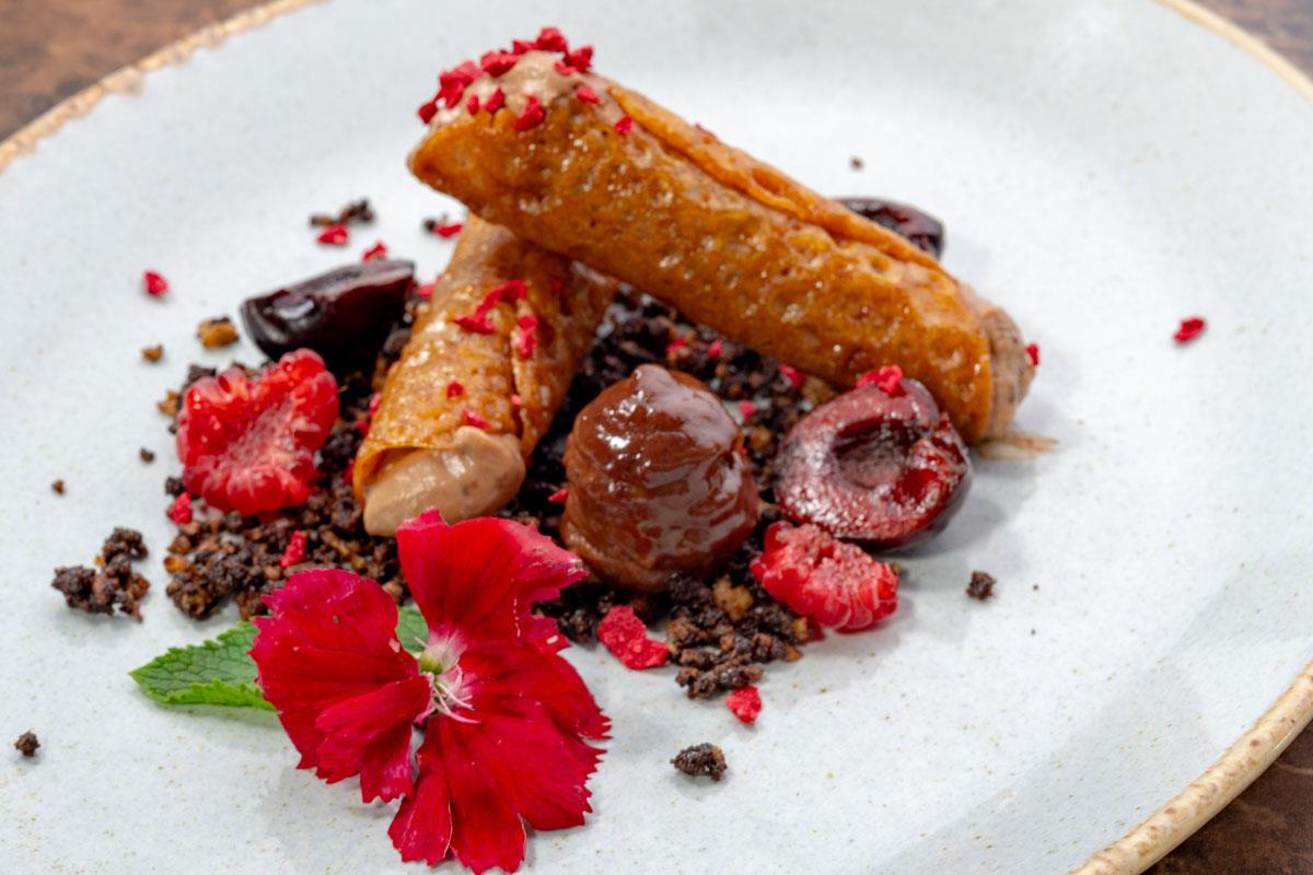 Starter on white plate at Widbrook Grange restaurant