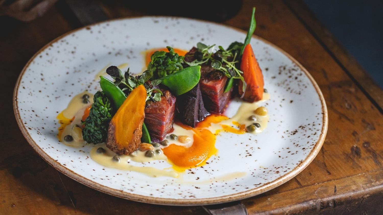 Roast beef meal on a plate at Widbrook Grange hotel restaurant