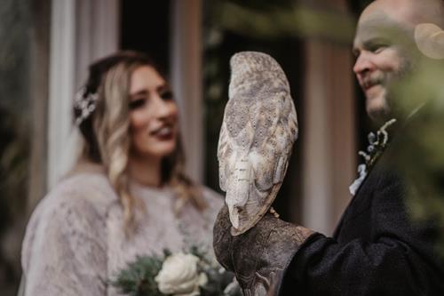 Brides speaking with owl handler