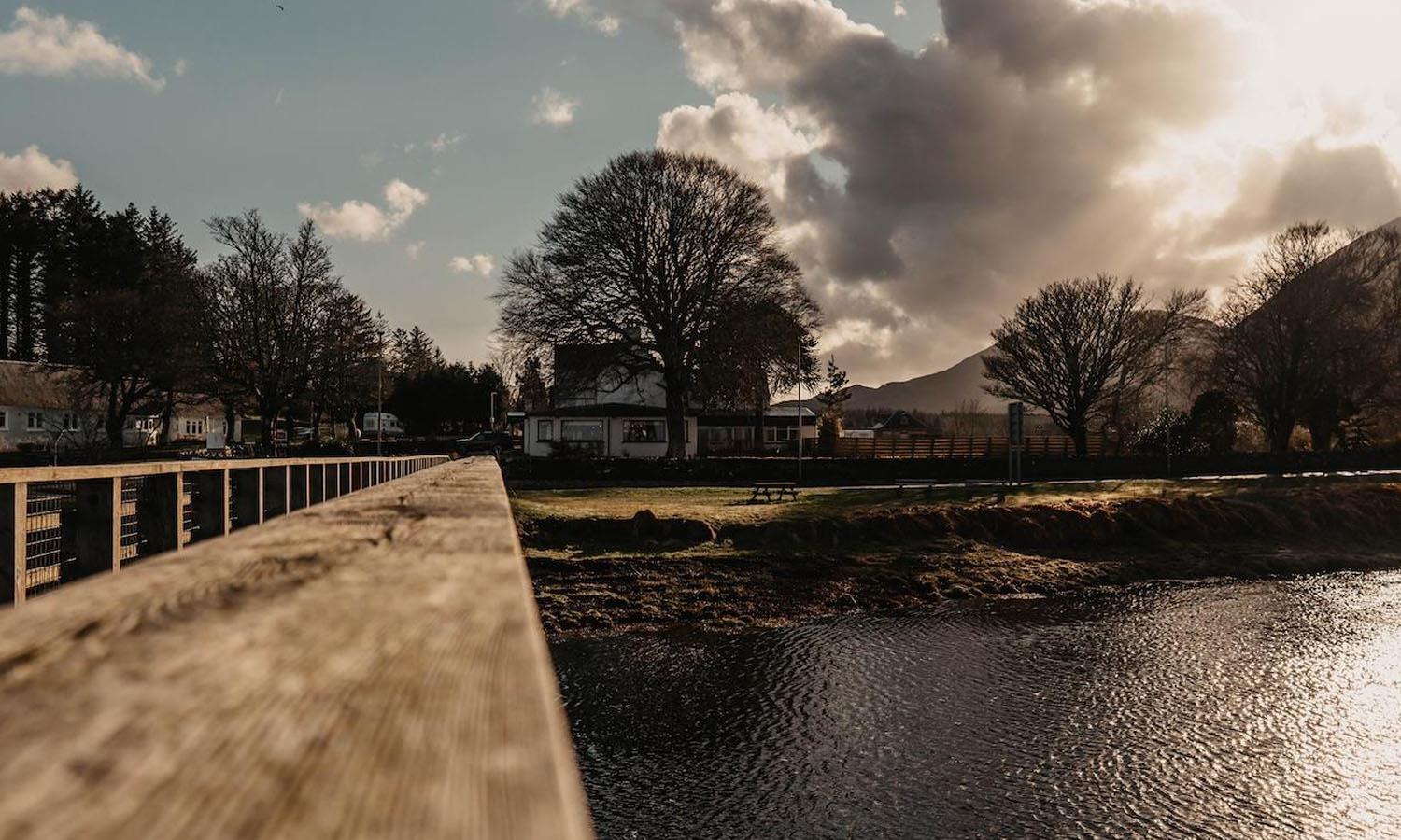 View of Broadford hotel and mountains from jetty